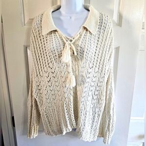 American Eagle Women XL Boho White Knit Crotchet Long Sleeve Pullover Sweater